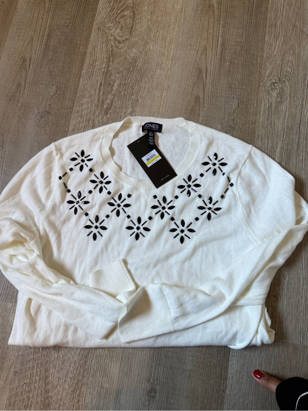 Jones New York Cream Crewneck Sweater with Black Cutout Floral Detail